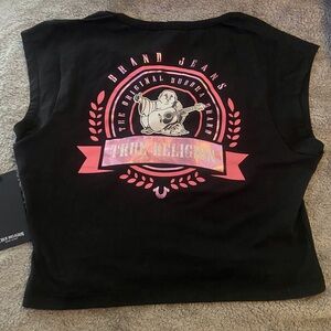 True Religion Black Graphic Logo Tank - Pink Accent